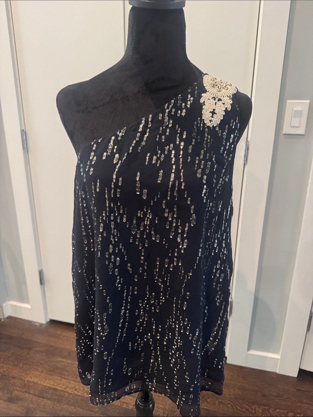 Lilly Pulitzer Black One-Shoulder Beaded Tank with Gold Embellishment